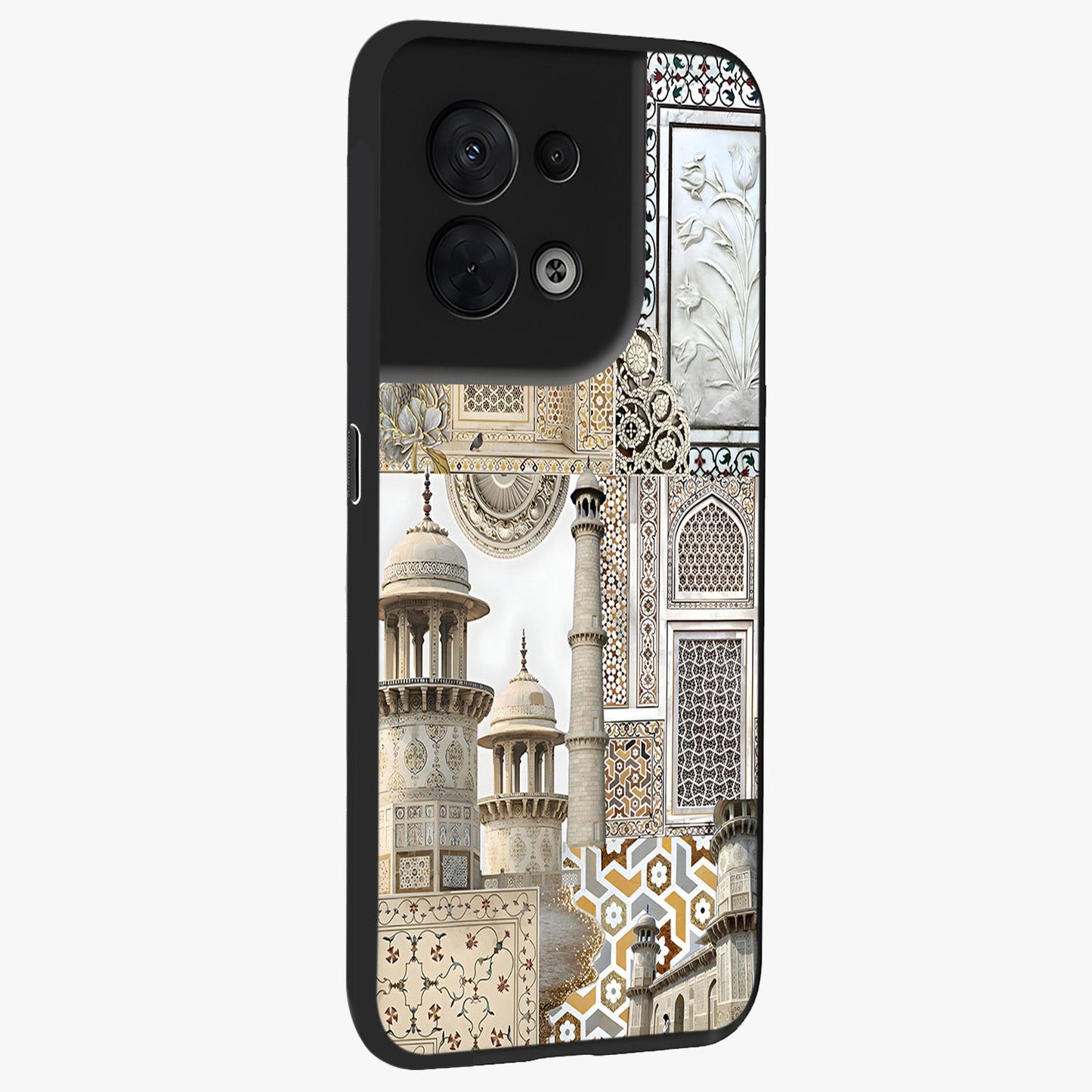 Mughal Marble Legacy Glass Case upright view showcasing ornate Mughal design with luxurious traditional theme.