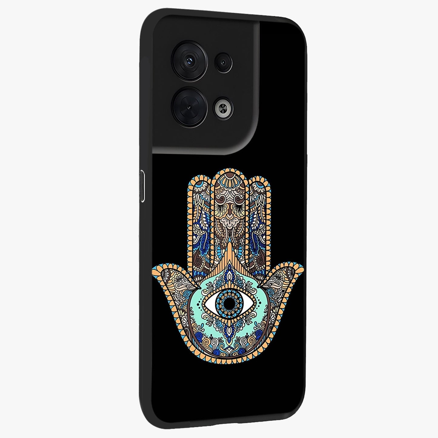 Mystic Hamsa Eye Glass Case upright view showcasing detailed hamsa eye artwork with protective spiritual theme.