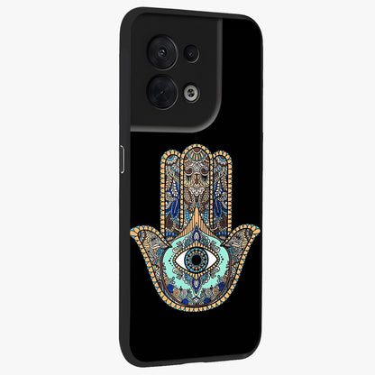 Mystic Hamsa Eye Glass Case upright view showcasing detailed hamsa eye artwork with protective spiritual theme.