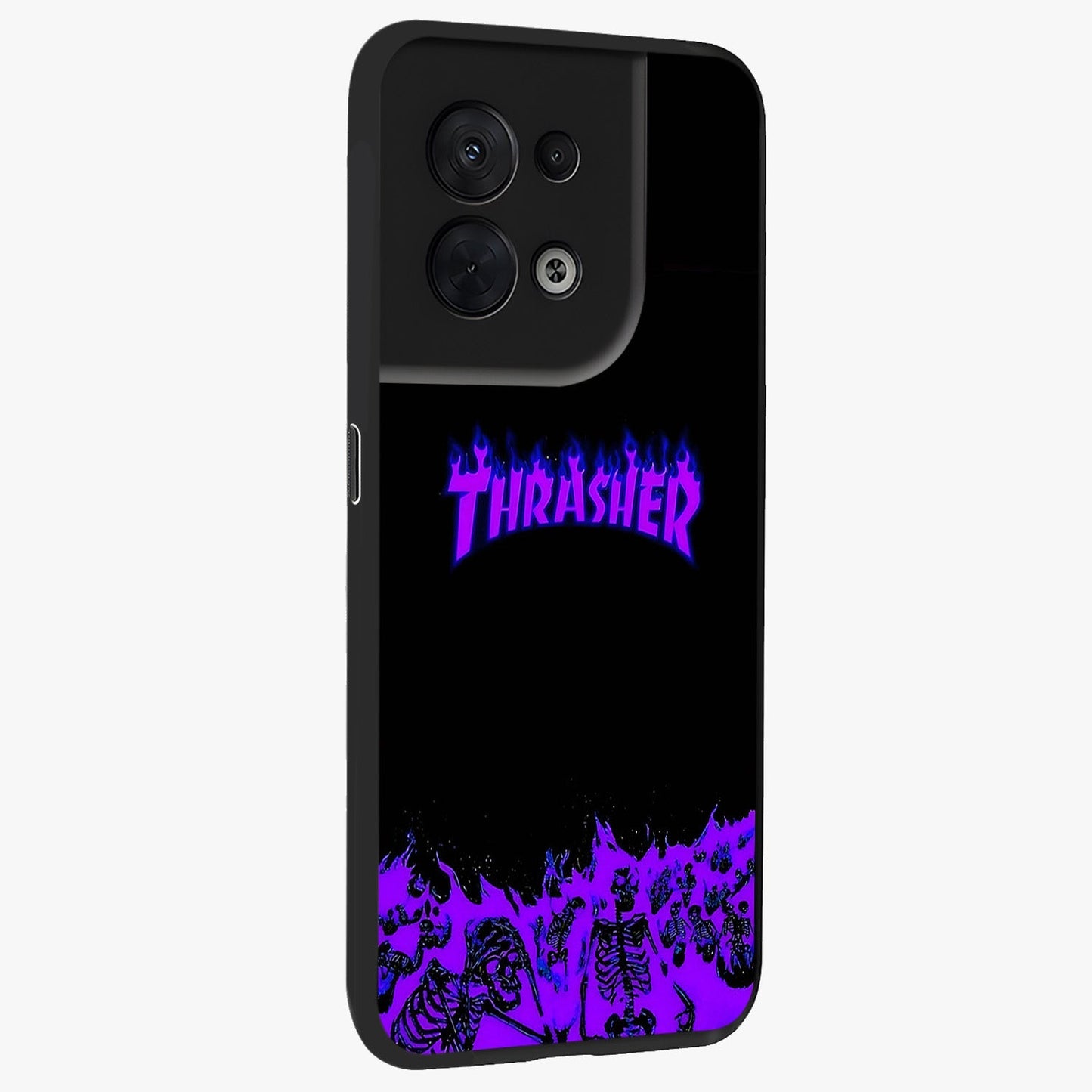 Neon Flame Riot Glass Case upright view showcasing dynamic flame artwork with energetic neon theme.