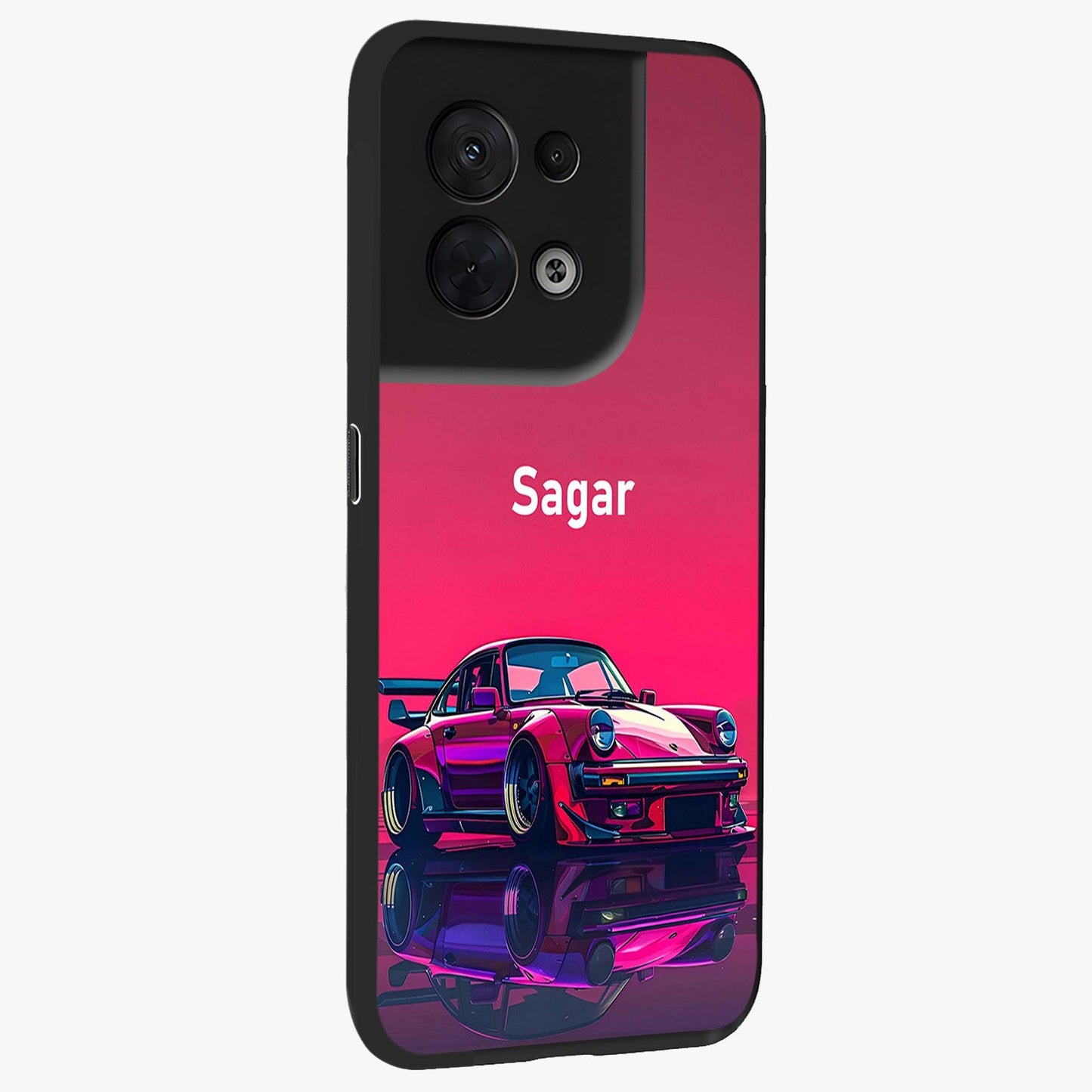 Neon Pink Porsche Glass Case upright view showcasing vibrant sports car artwork with bold automotive theme.