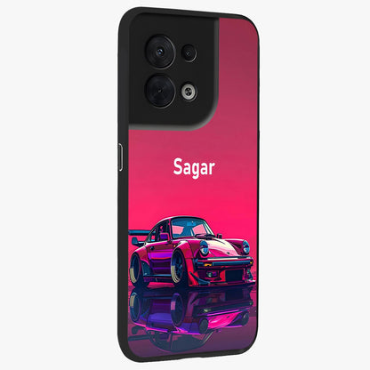 Neon Pink Porsche Glass Case upright view showcasing vibrant sports car artwork with bold automotive theme.