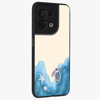 Ocean Drift Turtle Glass Case upright view showcasing calm underwater turtle artwork with nature inspired theme.