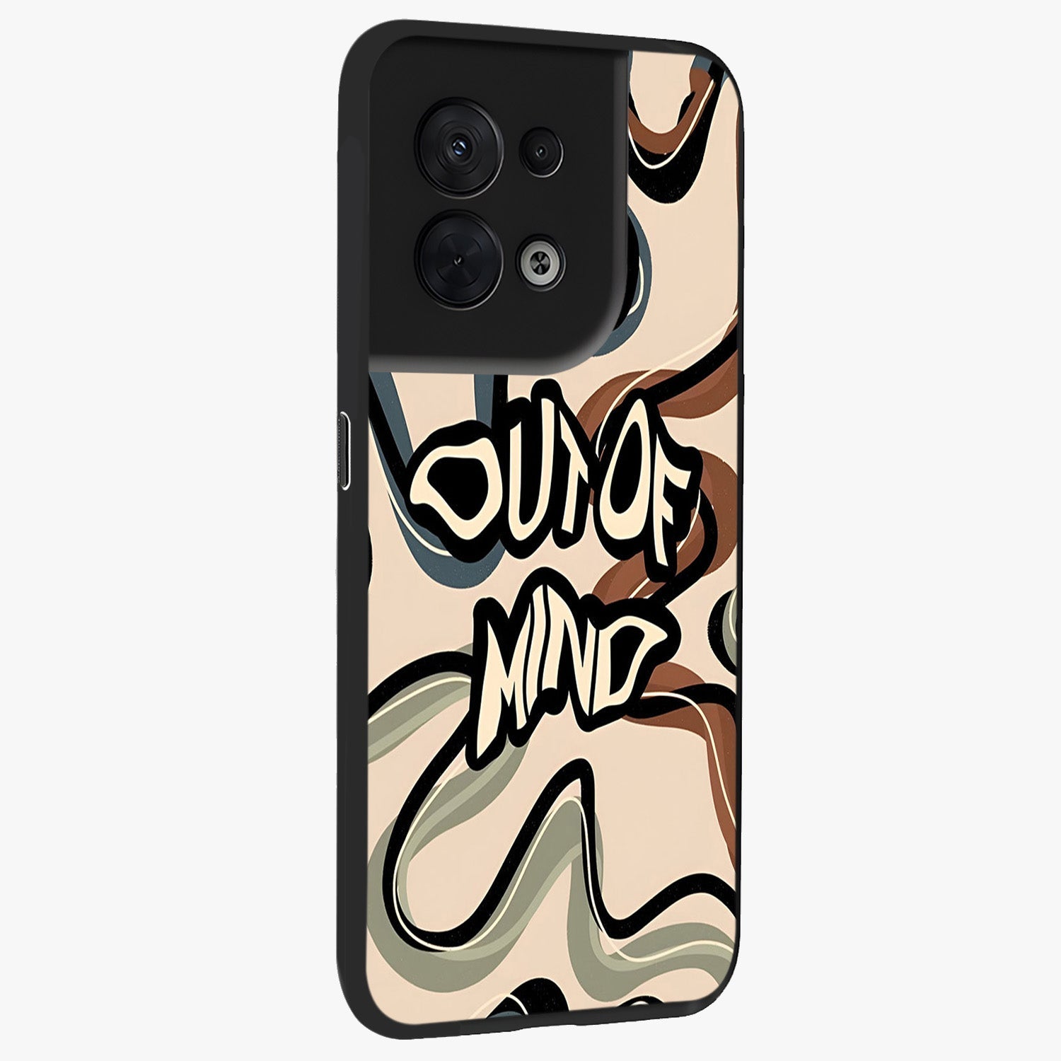 Out Of Mind Glass Case upright view showcasing striking typography artwork with edgy conceptual theme.