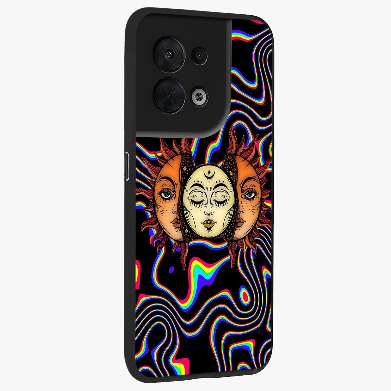Psychedelic Sun Glass Case upright view showcasing trippy sun artwork with bold psychedelic theme.
