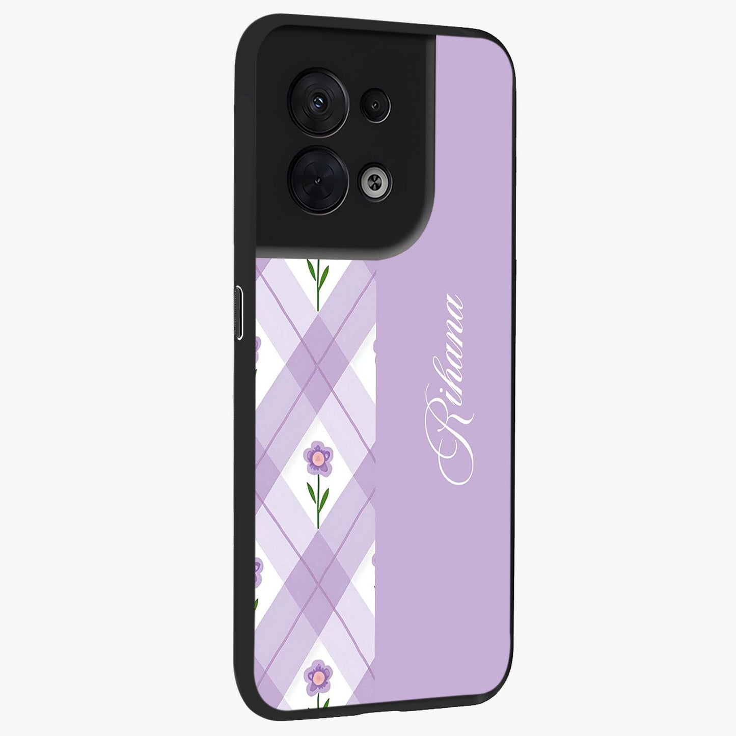 Purple Diamond Floral Glass Case upright view showcasing vibrant floral artwork with stylish geometric theme.