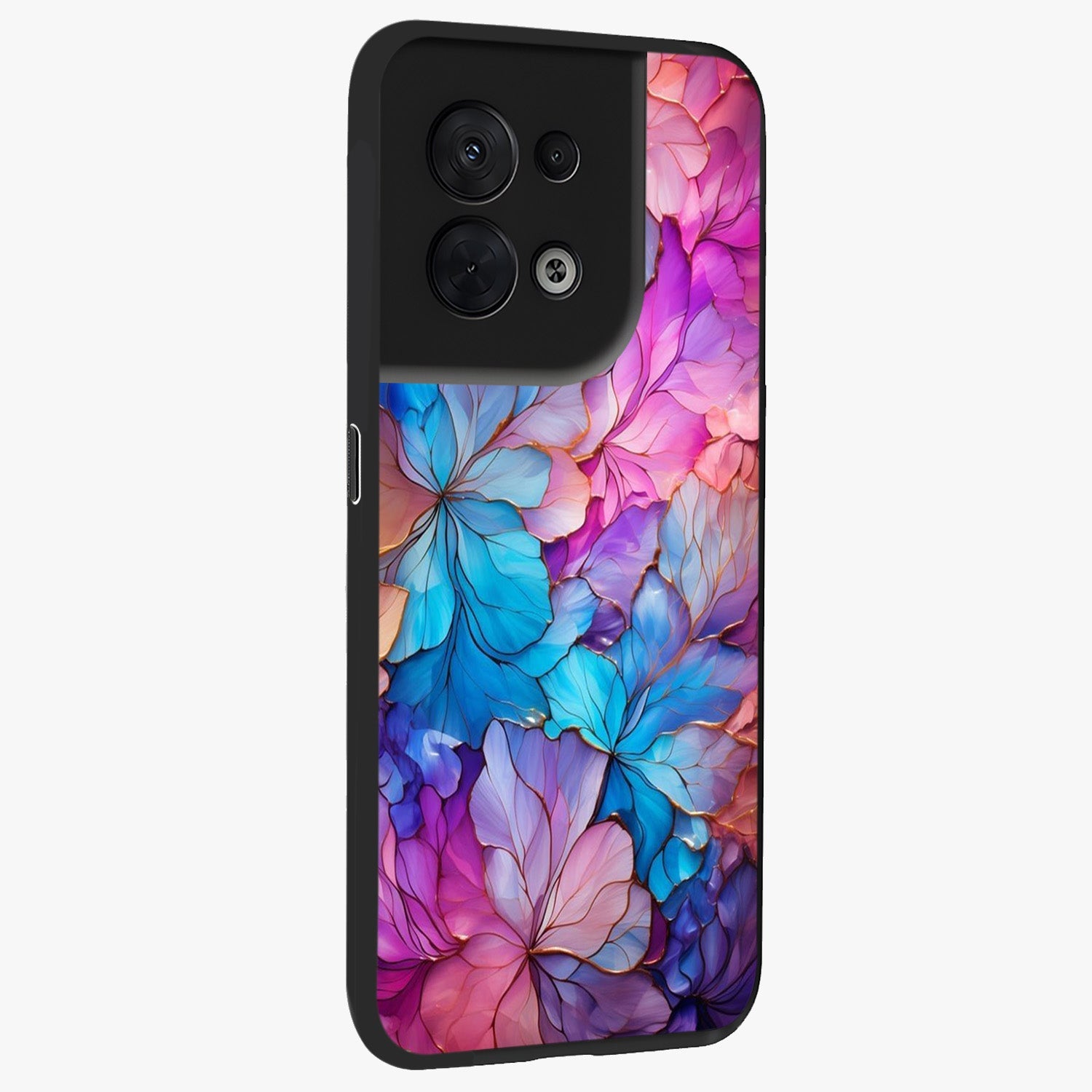 Radiant Floral Whirl Glass Case upright view showcasing lively floral artwork with decorative swirl theme.