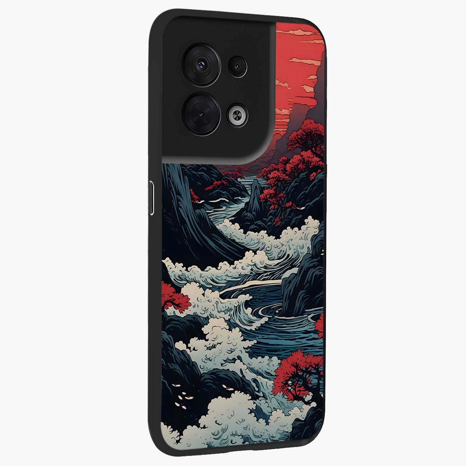 Red Sunset Scenery Glass Case upright view showcasing dramatic sunset scenery artwork with warm nature theme.