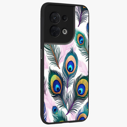 Royal Peacock Feathers Glass Case upright view showcasing elegant peacock feather artwork with decorative royal theme.