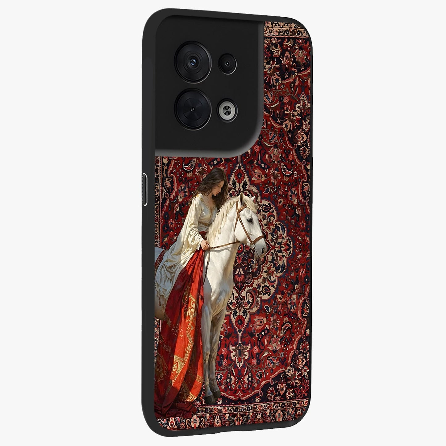Royal Rider Tapestry Glass Case upright view showcasing detailed rider artwork with classic tapestry theme.