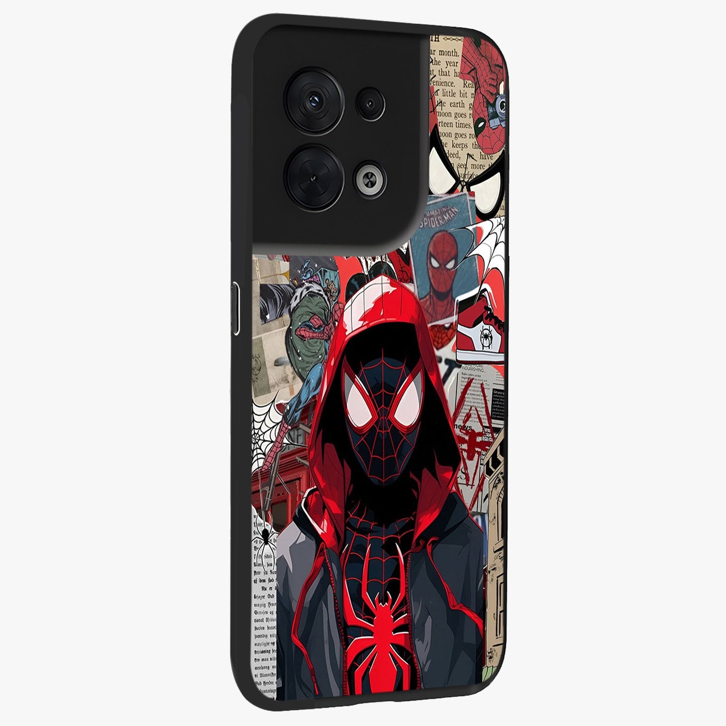 Spider Collage Street Glass Case upright view showcasing bold superhero artwork with urban street theme.