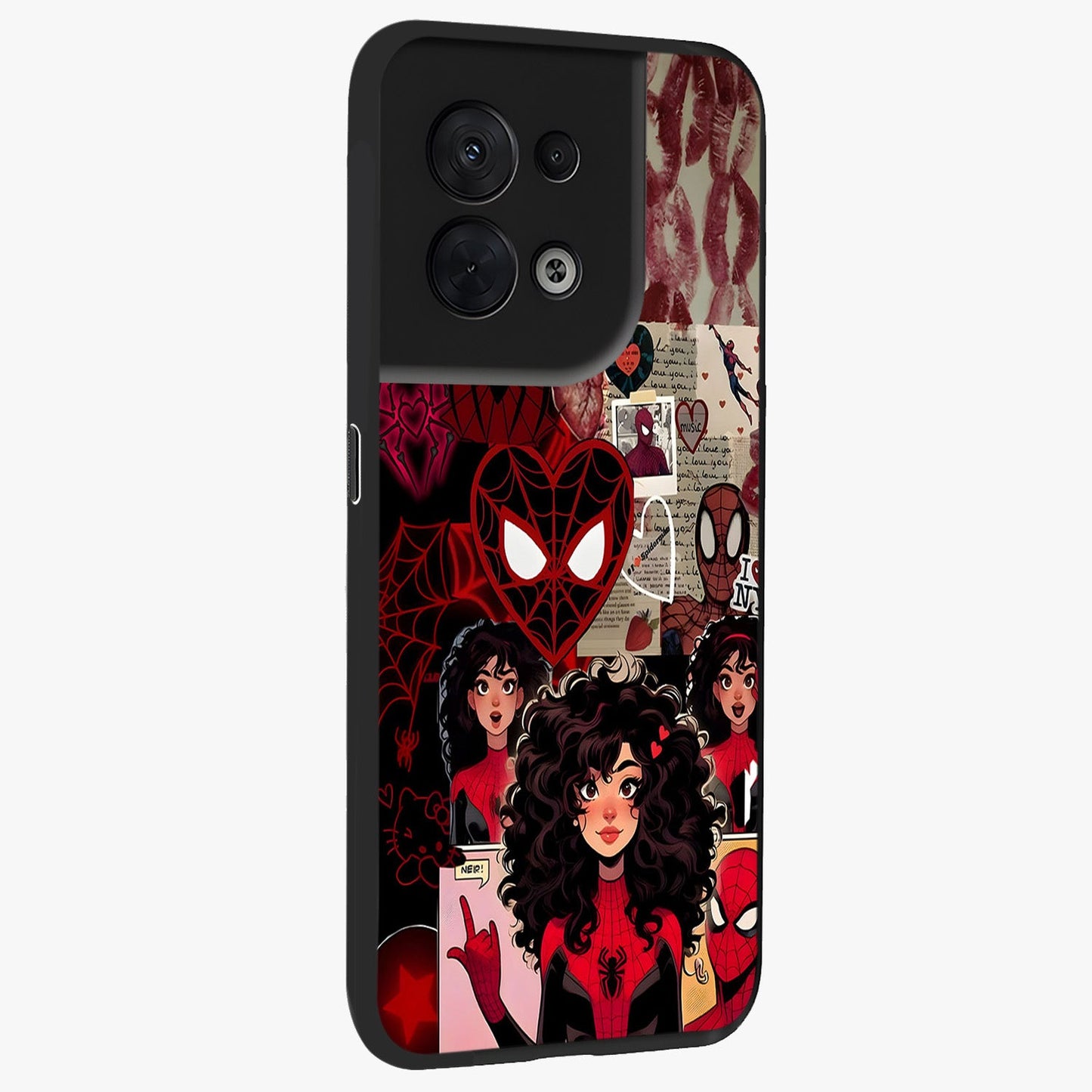 Spider Love Story Glass Case upright view showcasing charming superhero artwork with romantic comic theme.