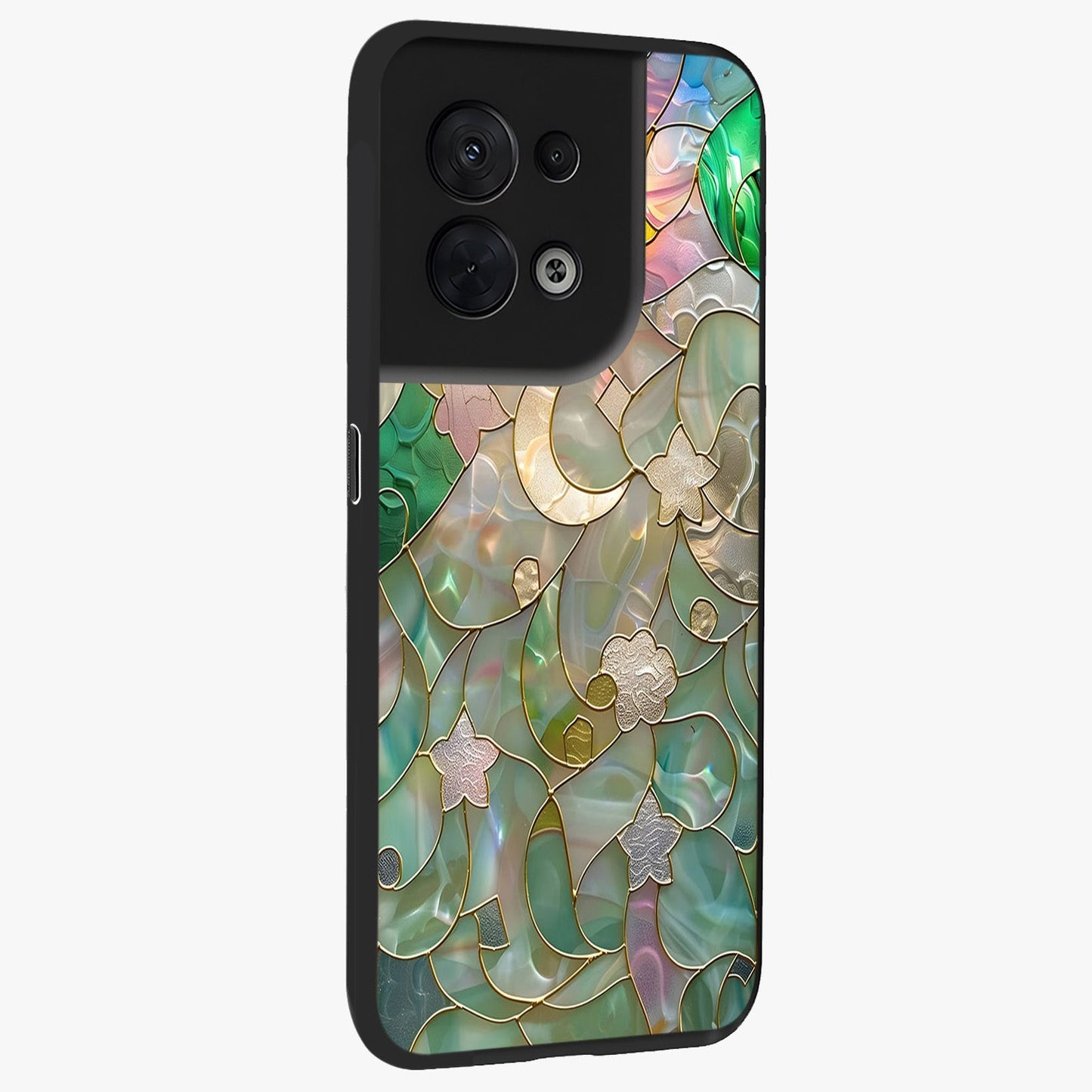 Stained Sunrise Glow Glass Case upright view showcasing colorful sunrise artwork with warm morning theme.