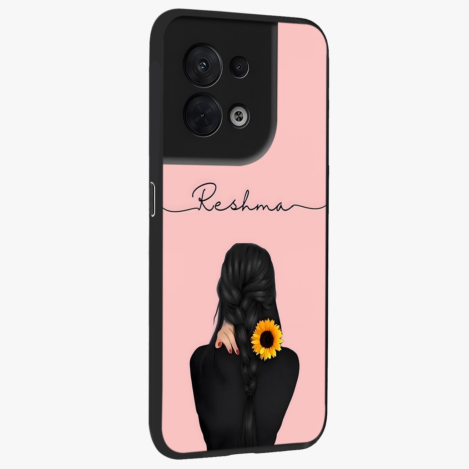 Sunflower Braid Beauty With Custom Name Glass Case upright view showcasing bright sunflower artwork with personalized floral aesthetic.