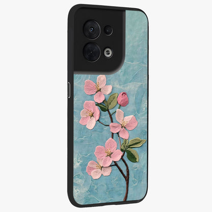 Threaded Blossom Breeze Glass Case upright view showcasing graceful flower artwork with calm botanical theme.