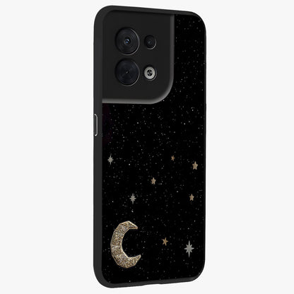 Twinkle Star With Half Moon Glass Case upright view showcasing glowing cosmic artwork with dreamy night theme.