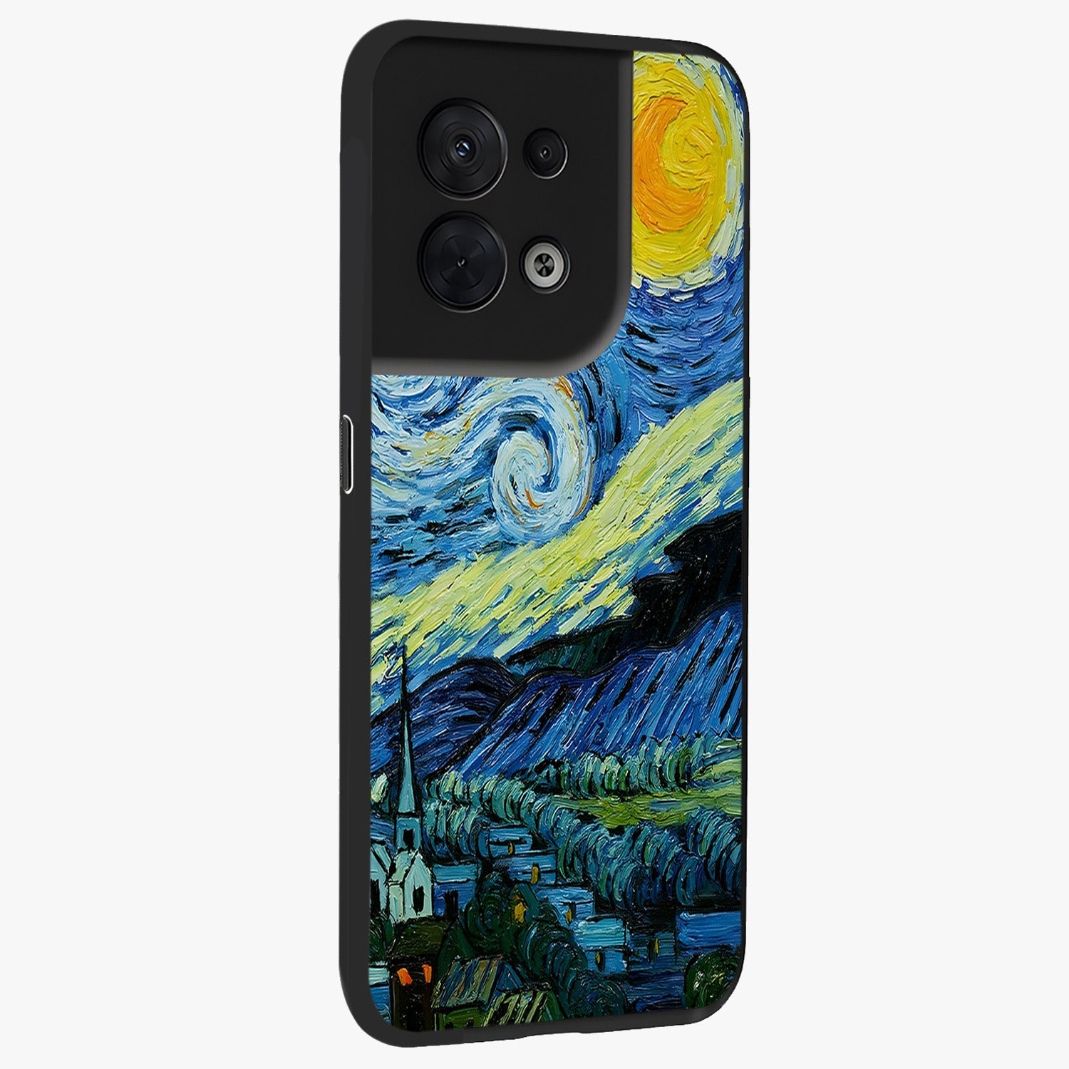 Van Gogh Art Glass Case upright view showcasing expressive painting style artwork with timeless artistic theme.