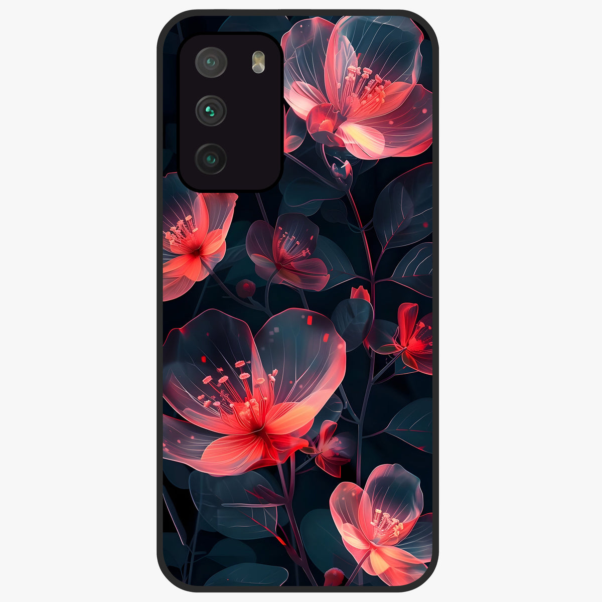 Dark Shade of Flower Glass Case showing flat back view with elegant dark floral artwork and glossy glass finish.