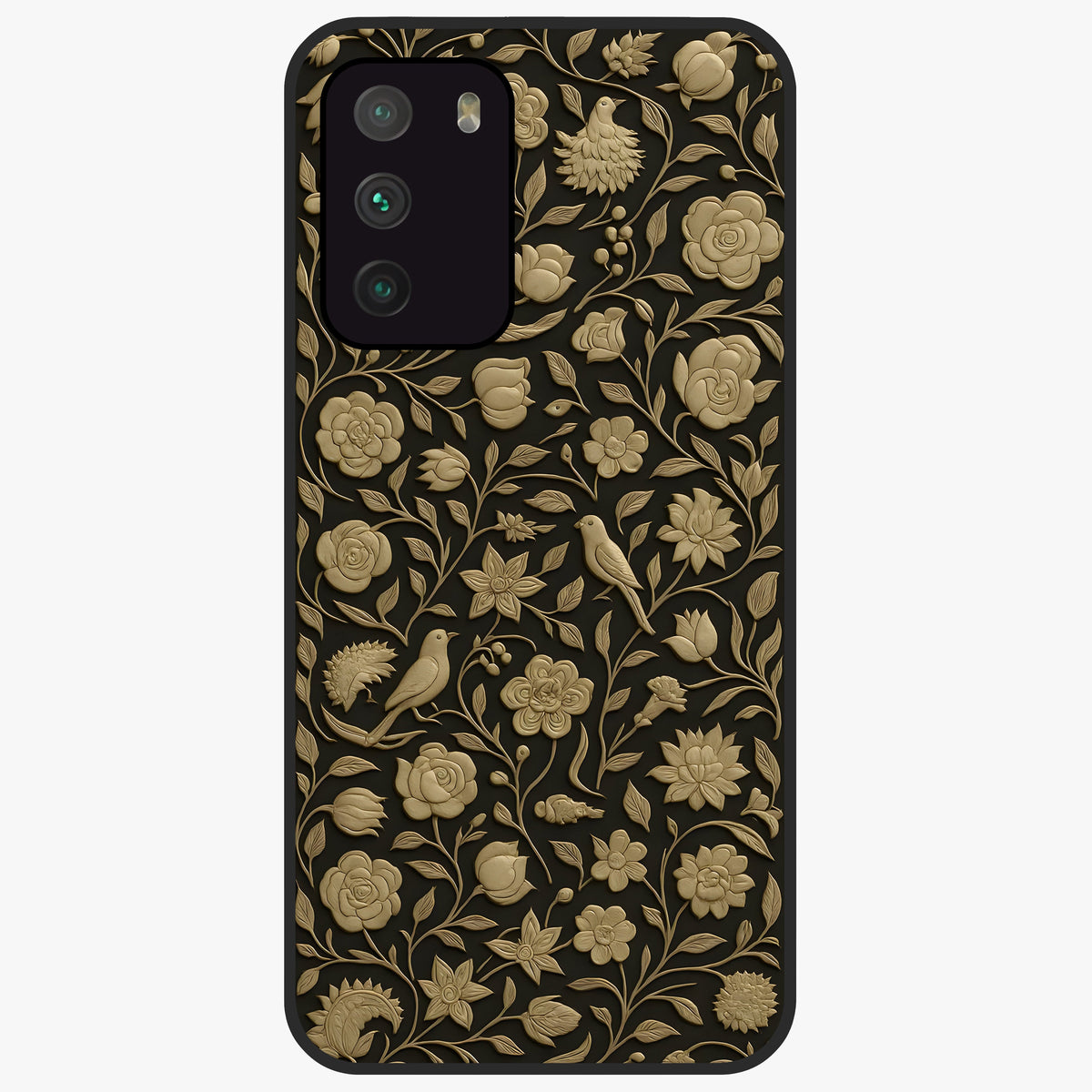 Golden Floral Majesty Glass Case showing flat back view with luxurious golden floral artwork and glossy glass finish.