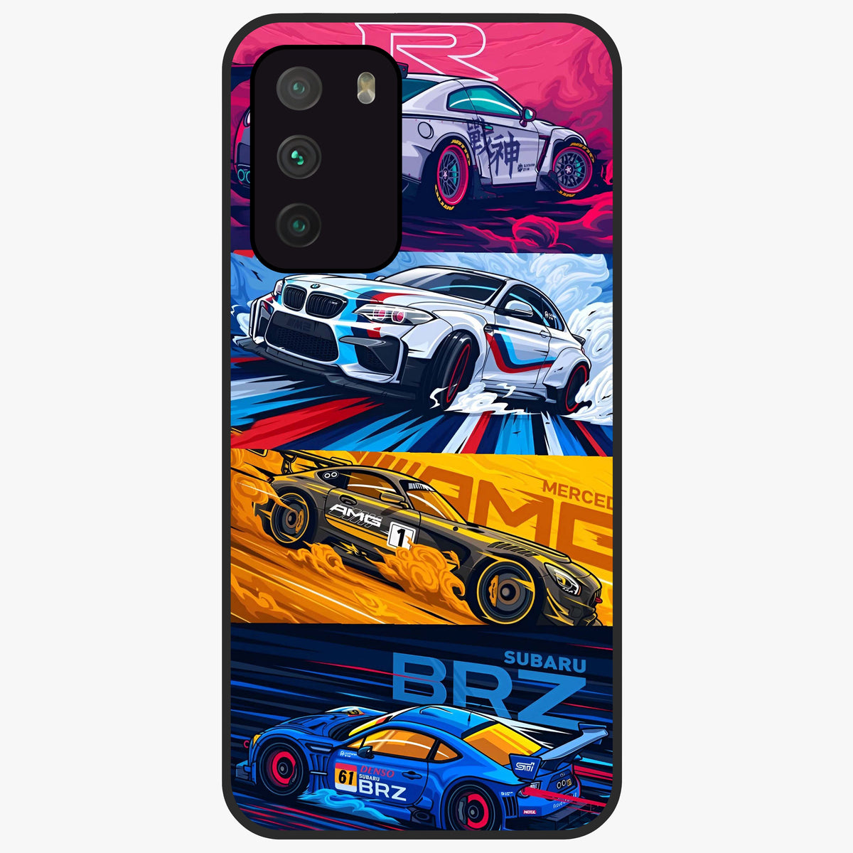JDM Sports Car Glass Case showing flat back view with high performance sports car artwork and glossy glass finish.