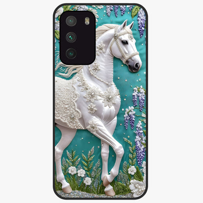 Majestic Floral Stallion Glass Case showing flat back view with powerful horse and floral artwork and glossy glass finish.