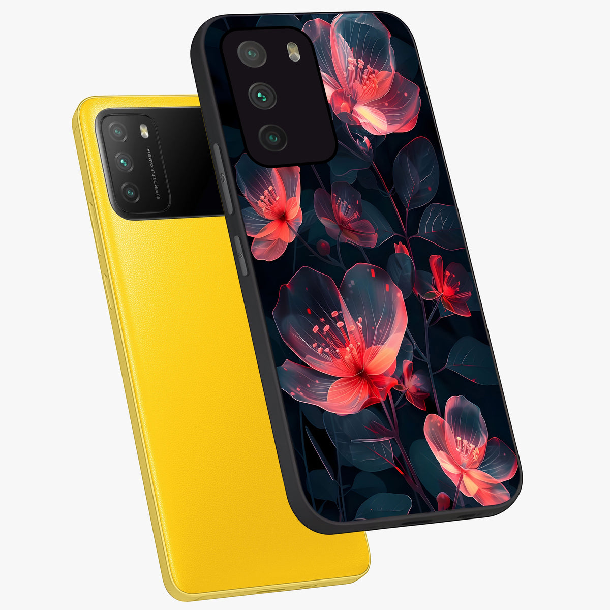 Dark Shade of Flower Glass Case displayed in angled mockup highlighting moody floral illustration with aesthetic dark tones.