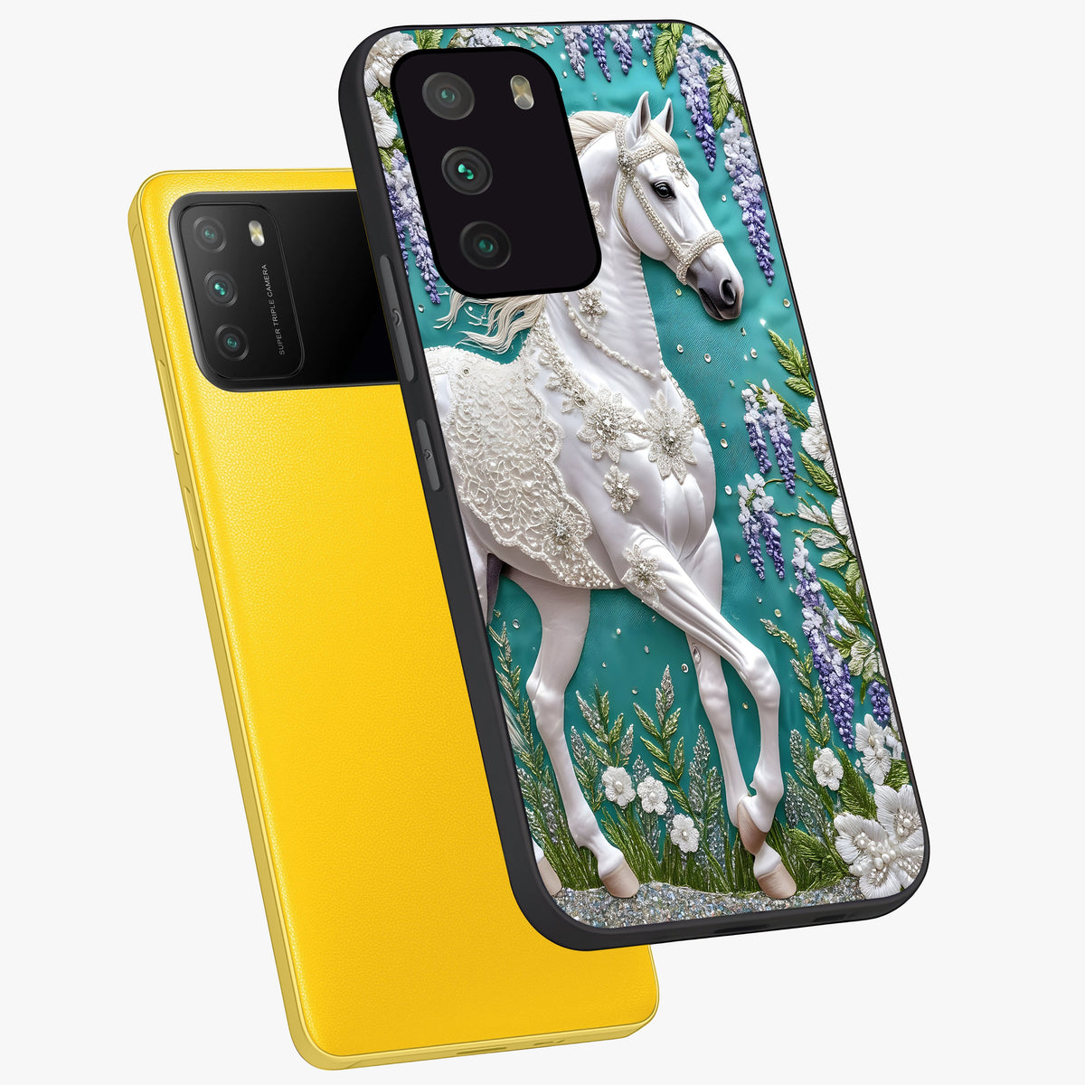 Majestic Floral Stallion Glass Case displayed in angled mockup highlighting majestic stallion illustration with elegant floral aesthetic.
