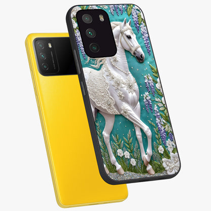 Majestic Floral Stallion Glass Case displayed in angled mockup highlighting majestic stallion illustration with elegant floral aesthetic.