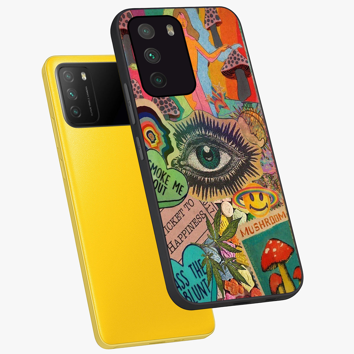 Mystic Eye Wonderland Glass Case displayed in angled mockup highlighting magical eye illustration with dreamy aesthetic.