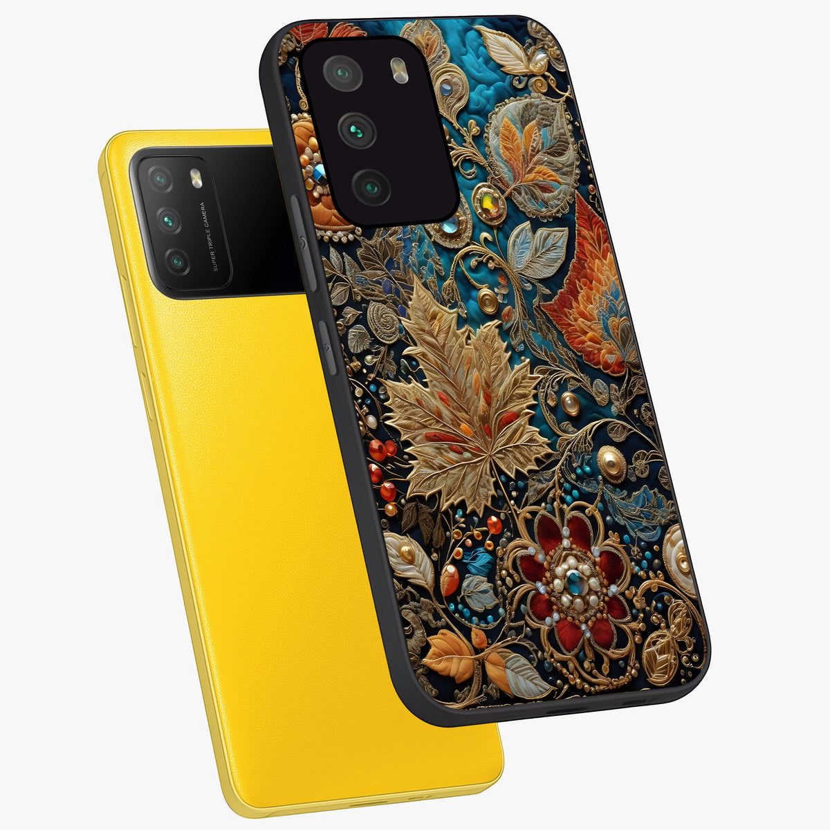 Royal Jewel Garden Glass Case displayed in angled mockup highlighting vibrant jewel inspired floral design with elegant aesthetic.
