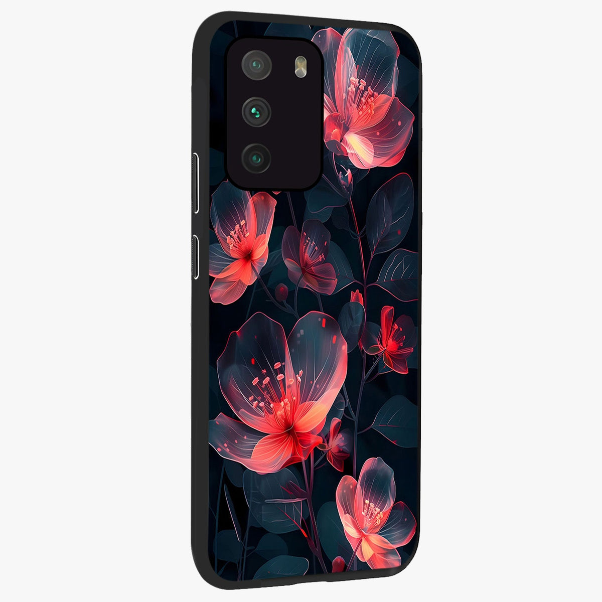 Dark Shade of Flower Glass Case upright view showcasing delicate flower artwork with rich dark floral theme.
