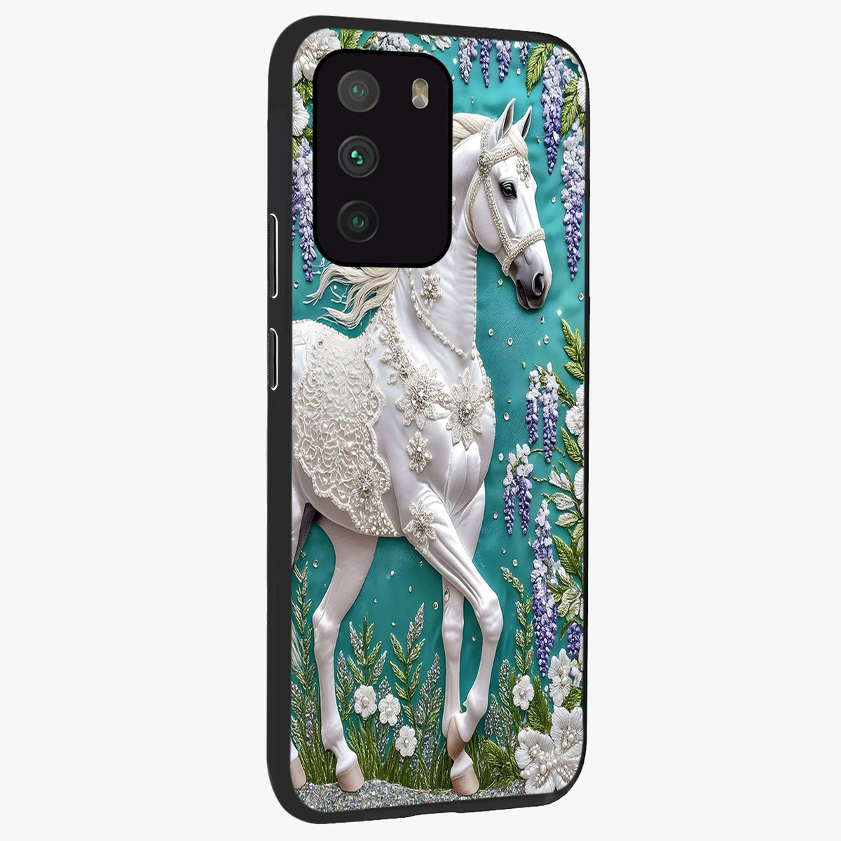 Majestic Floral Stallion Glass Case upright view showcasing dramatic horse artwork with decorative floral theme.