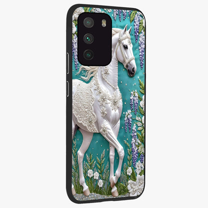 Majestic Floral Stallion Glass Case upright view showcasing dramatic horse artwork with decorative floral theme.