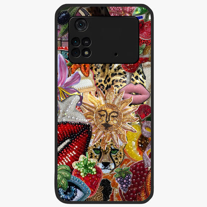 Beaded Fashion Jungle Glass Case showing flat back view with vibrant jungle inspired bead artwork and glossy glass finish.