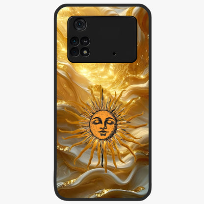 Eternal Golden Glow Glass Case showing flat back view with radiant golden themed artwork and glossy glass finish.
