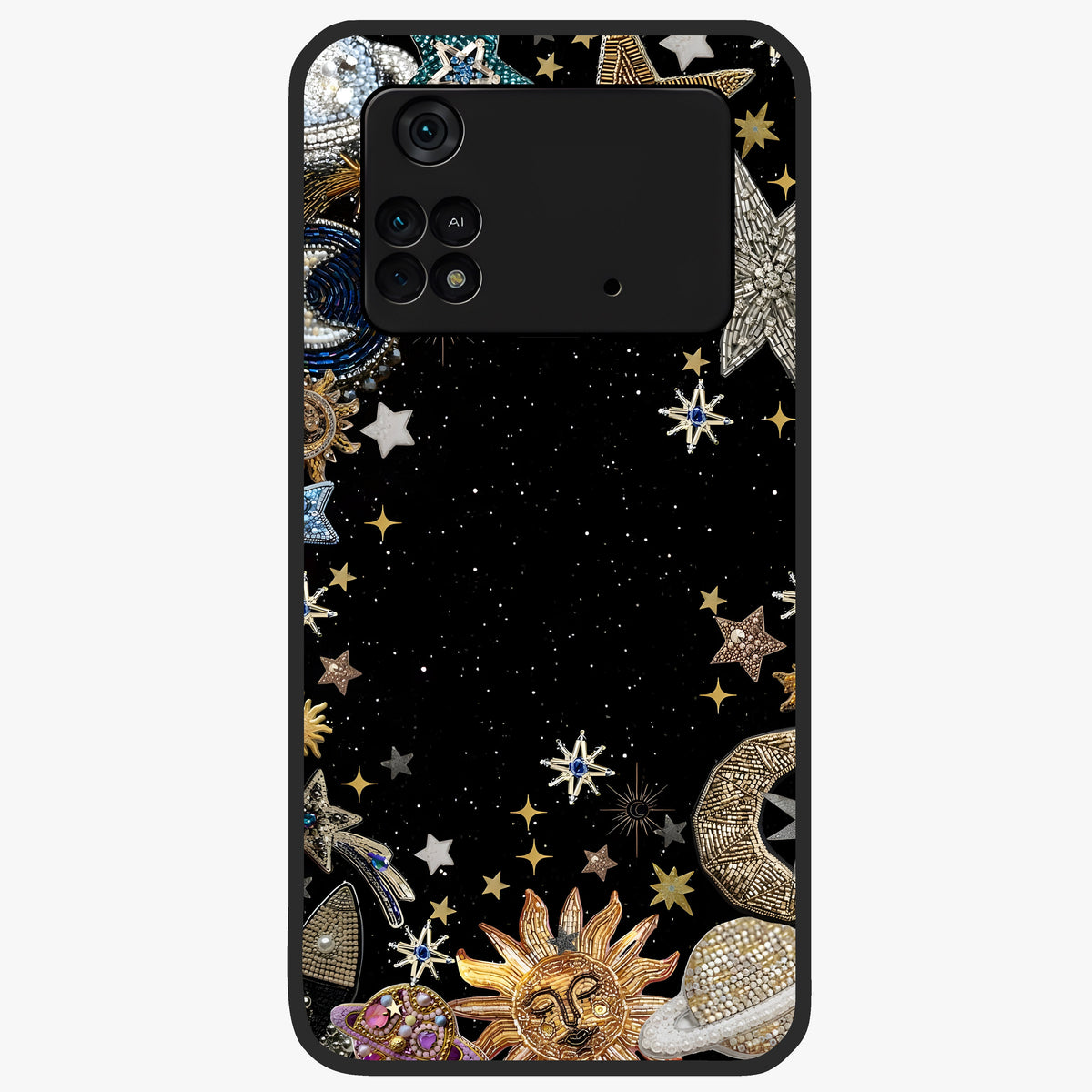 Galactic Jewel Stars Glass Case showing flat back view with sparkling star jewel artwork and glossy glass finish.