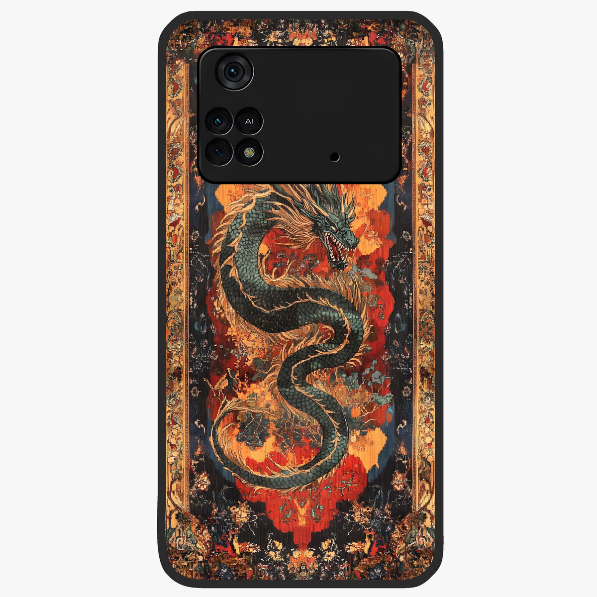 Inferno Dragon Soul Glass Case showing flat back view with fiery dragon artwork and glossy glass finish.