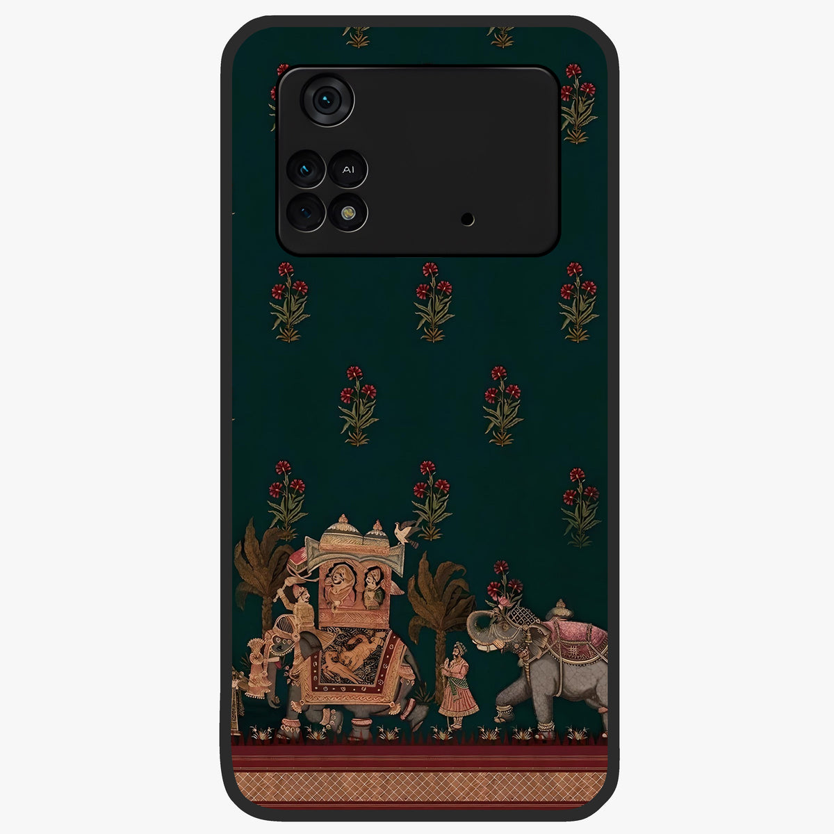 Macmerise Glass Case showing flat back view with stylish modern artwork and glossy glass finish.