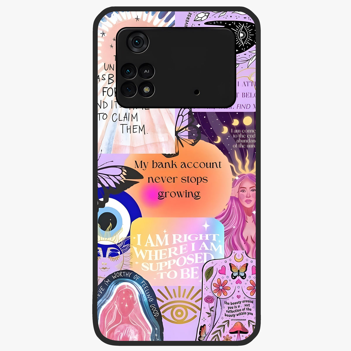 Manifestation Collage Glass Case showing flat back view with motivational collage artwork and glossy glass finish.