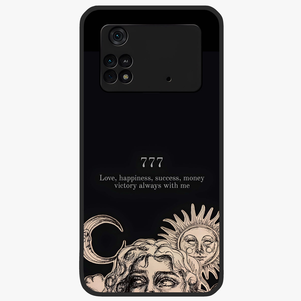 Mystic Victory Aura Glass Case showing flat back view with victory symbol artwork and glossy glass finish.