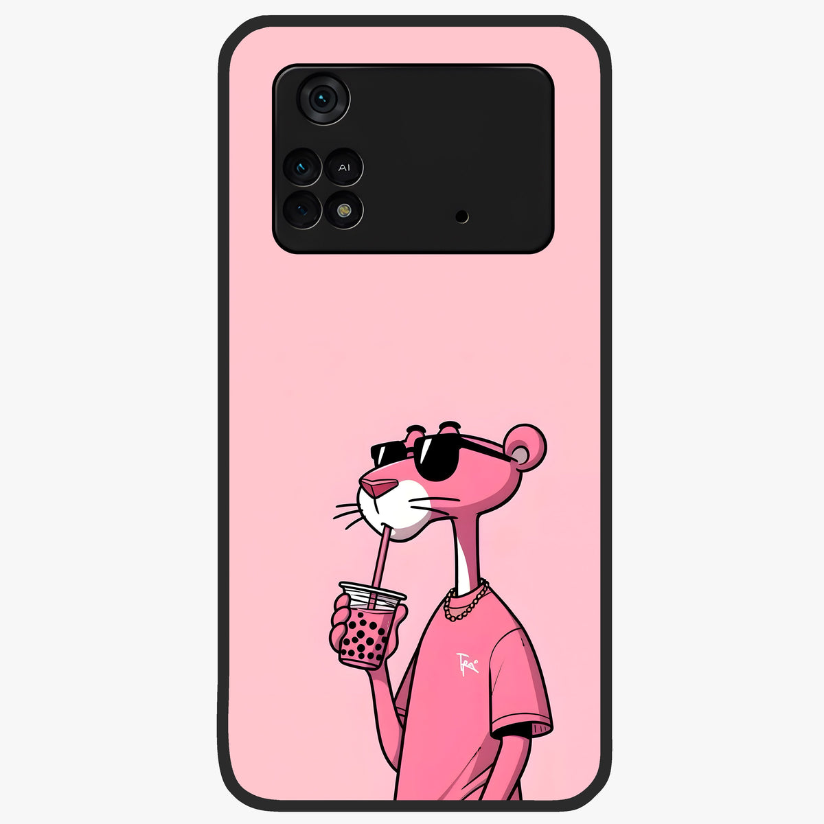 Pink Panther Glass Case showing flat back view with iconic pink panther artwork and glossy glass finish.