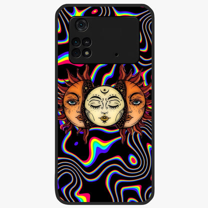 Psychedelic Sun Glass Case showing flat back view with colorful psychedelic sun artwork and glossy glass finish.