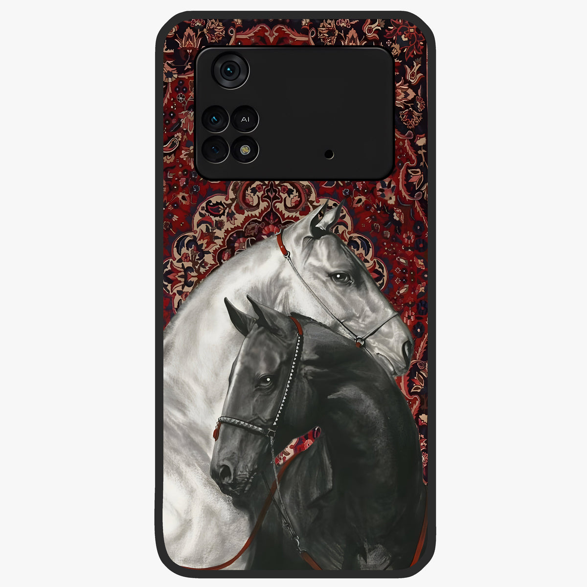 Regal Stallion Tapestry Glass Case showing flat back view with majestic horse tapestry artwork and glossy glass finish.