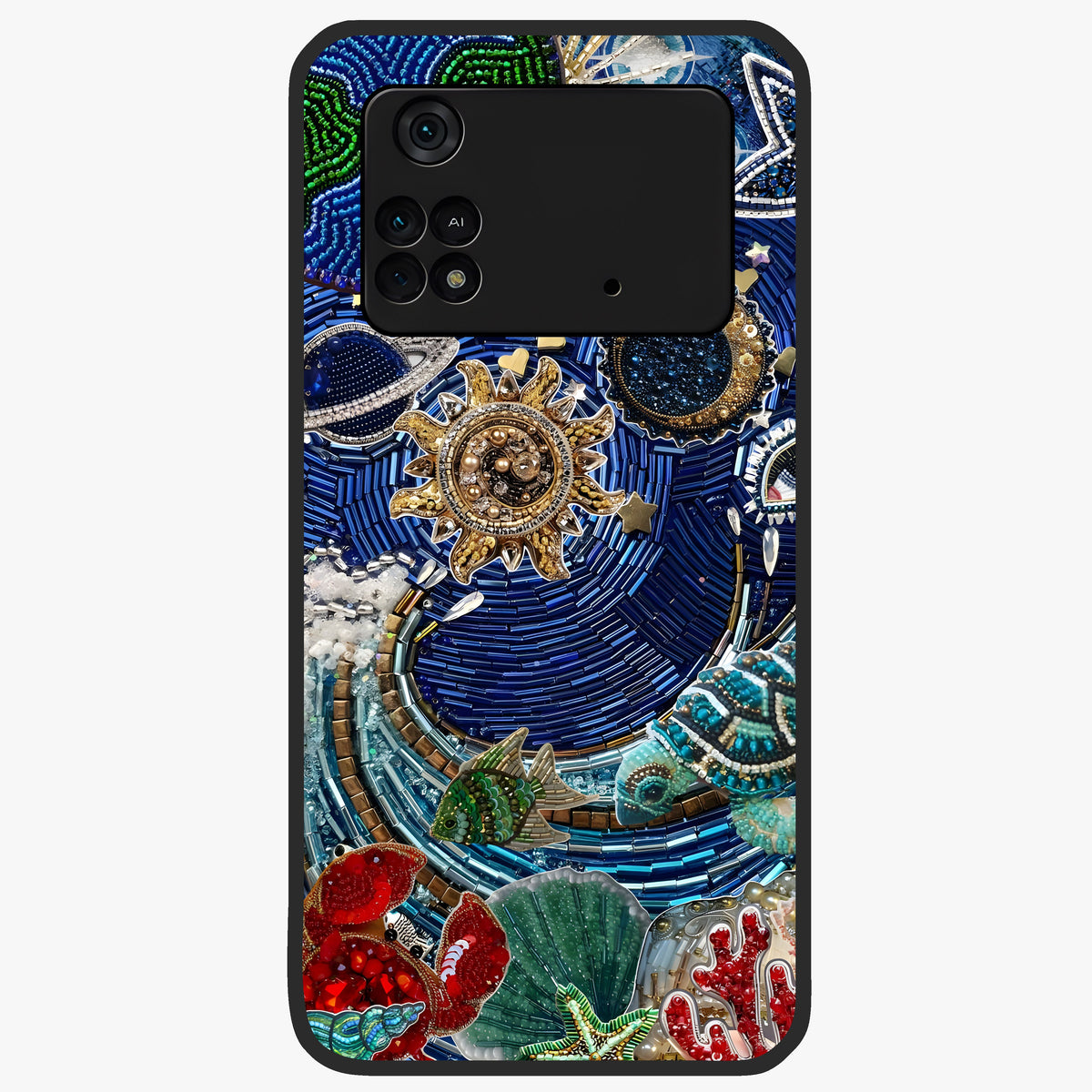 Universe Underwater Spark Glass Case showing flat back view with cosmic underwater themed artwork and glossy glass finish.