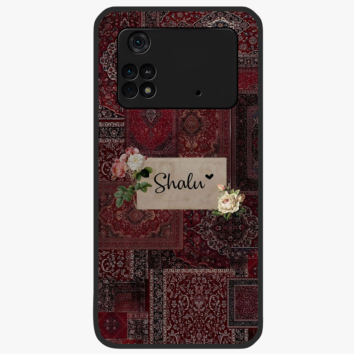 Velvet Wine Pattern Custom Name Glass Case showing flat back view with elegant wine colored pattern artwork and personalized name design.