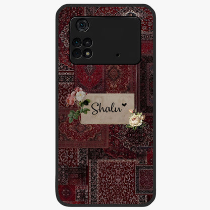 Velvet Wine Pattern Custom Name Glass Case showing flat back view with elegant wine colored pattern artwork and personalized name design.