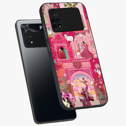 Blossoms of Rajasthan Glass Case displayed in angled mockup highlighting vibrant floral pattern with cultural aesthetic style.