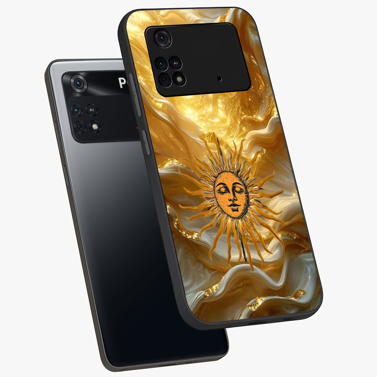 Eternal Golden Glow Glass Case displayed in angled mockup highlighting glowing golden aesthetic design with elegant style.