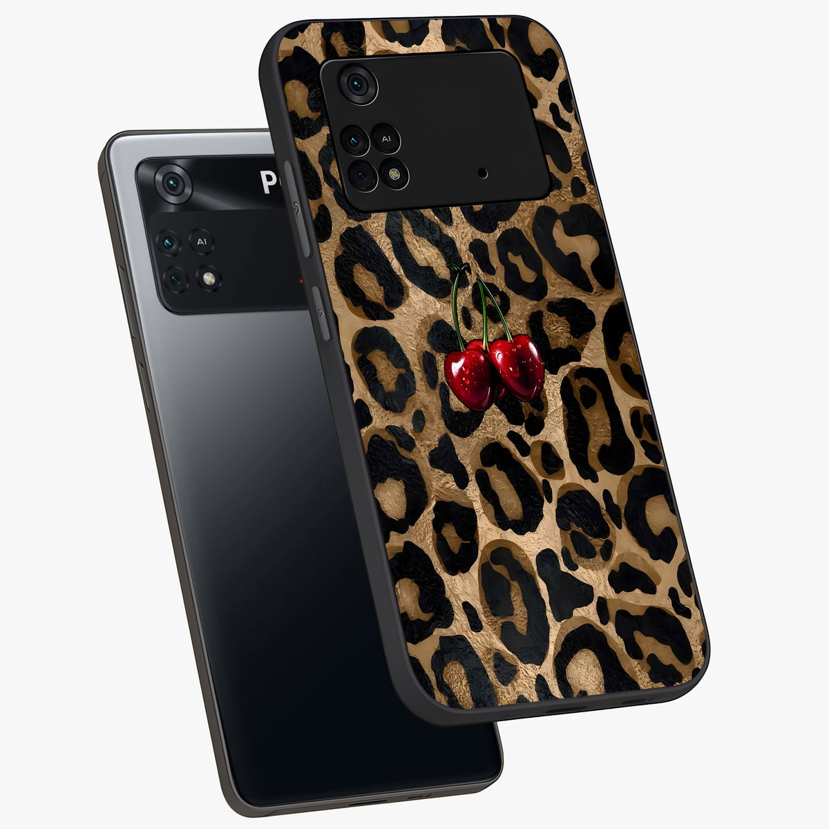 Leopard Wild Cherry Glass Case displayed in angled mockup highlighting bold animal print design with playful cherry aesthetic.