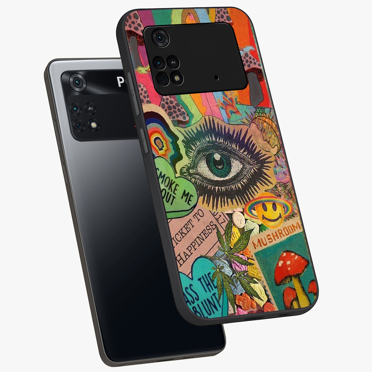 Mystic Eye Wonderland Glass Case displayed in angled mockup highlighting magical eye illustration with dreamy aesthetic.